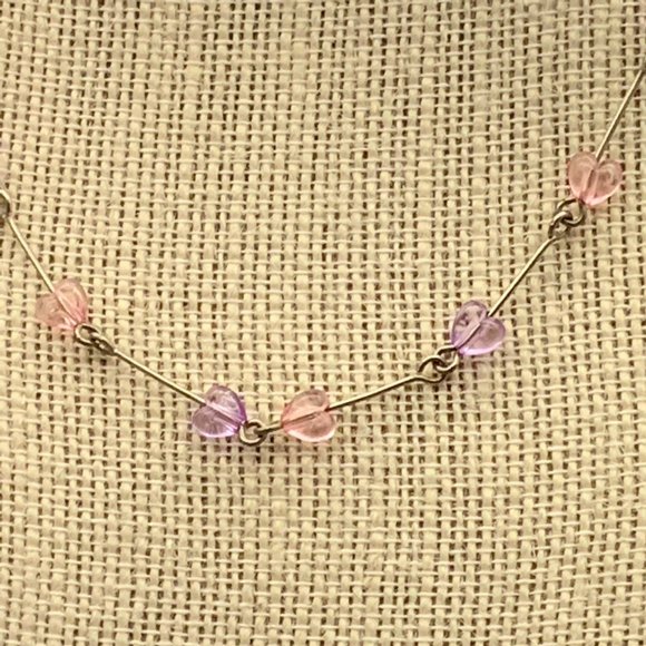 Pink Purple Heart Necklace Peach Translucent Silver Short Choker - Picture 3 of 5